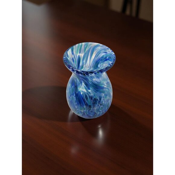 Vintage Hand Blown Blue,Teal Swirl Pattern Heavy Pedestal Bottom Vase - Picture 4 of 12